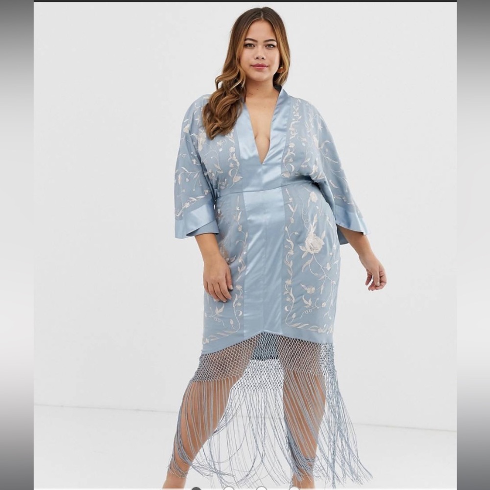 NWT Asos Curve Blue satin and Embroidered Fringe Dress - Picture 2 of 13